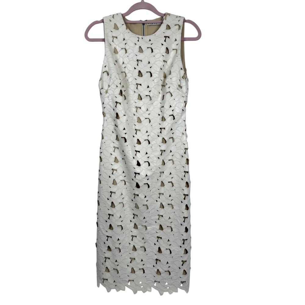 Alice + Olivia White Laser Cut Faux Leather Sheath Dress Sz 4 Lined Sleeveless